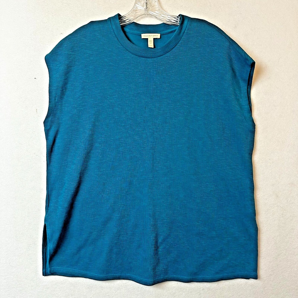 Eileen Fisher Organic Cotton Slub Knit Sleeveless Top Teal Blue XXS Boxy Tank